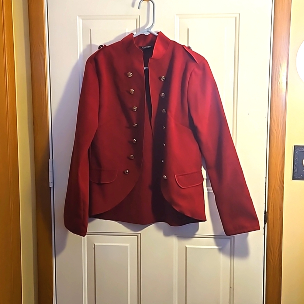 Elegant Red Double-Breasted Military Style Blazer
